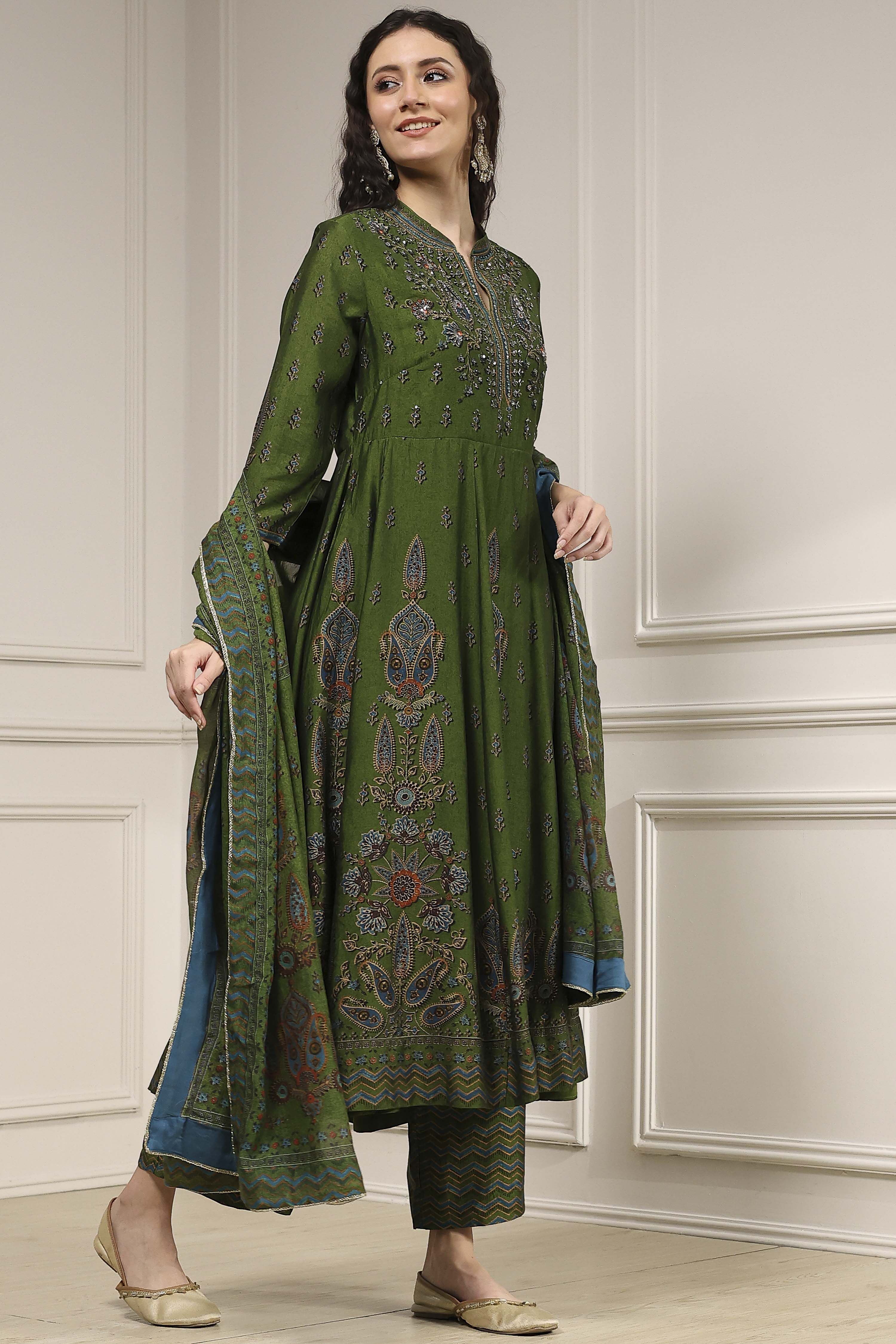 Green Printed Anarkali Suit Set image number 5