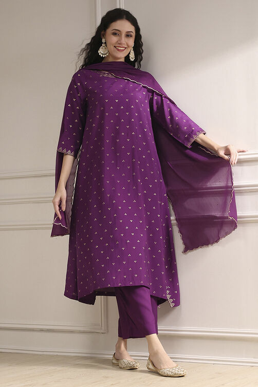 Purple Polyseter Blend Straight Printed Fusion Set image number 0