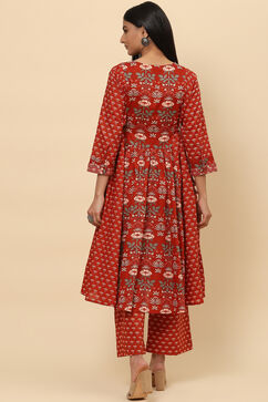 Rust Cotton Flared Kurta Set image number 4