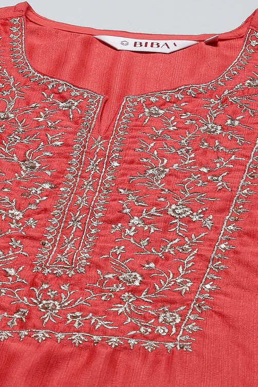 Coral Art Silk Straight Kurta Slim Pants Suit Set image number 1