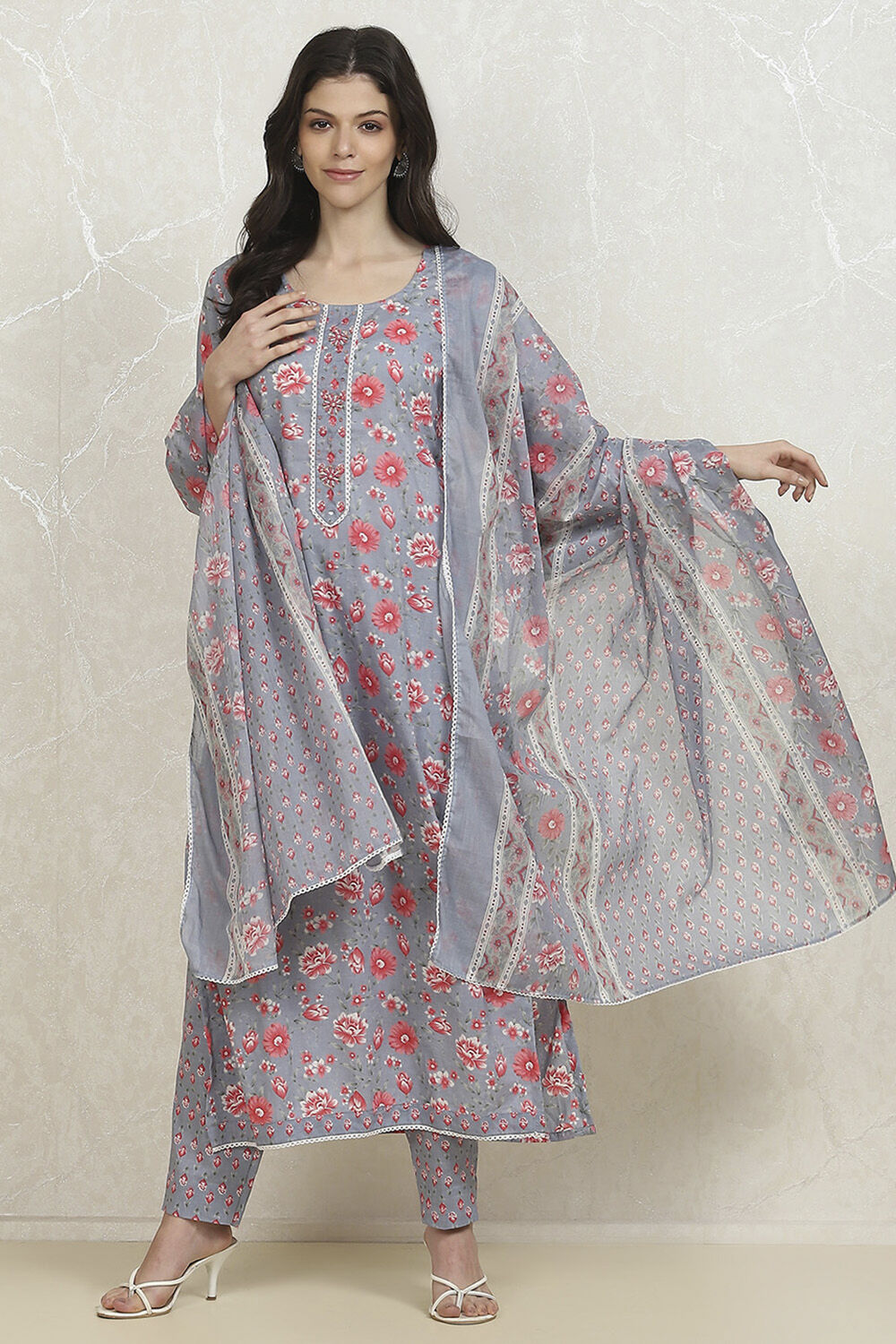 Grey Cotton Printed Unstitched Suit Set image number 1