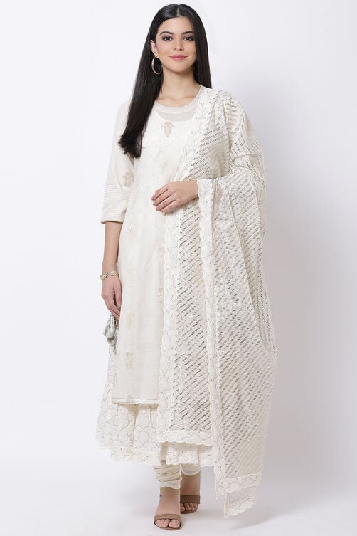 Off White Chanderi Cotton Flared Suit Set image number 0
