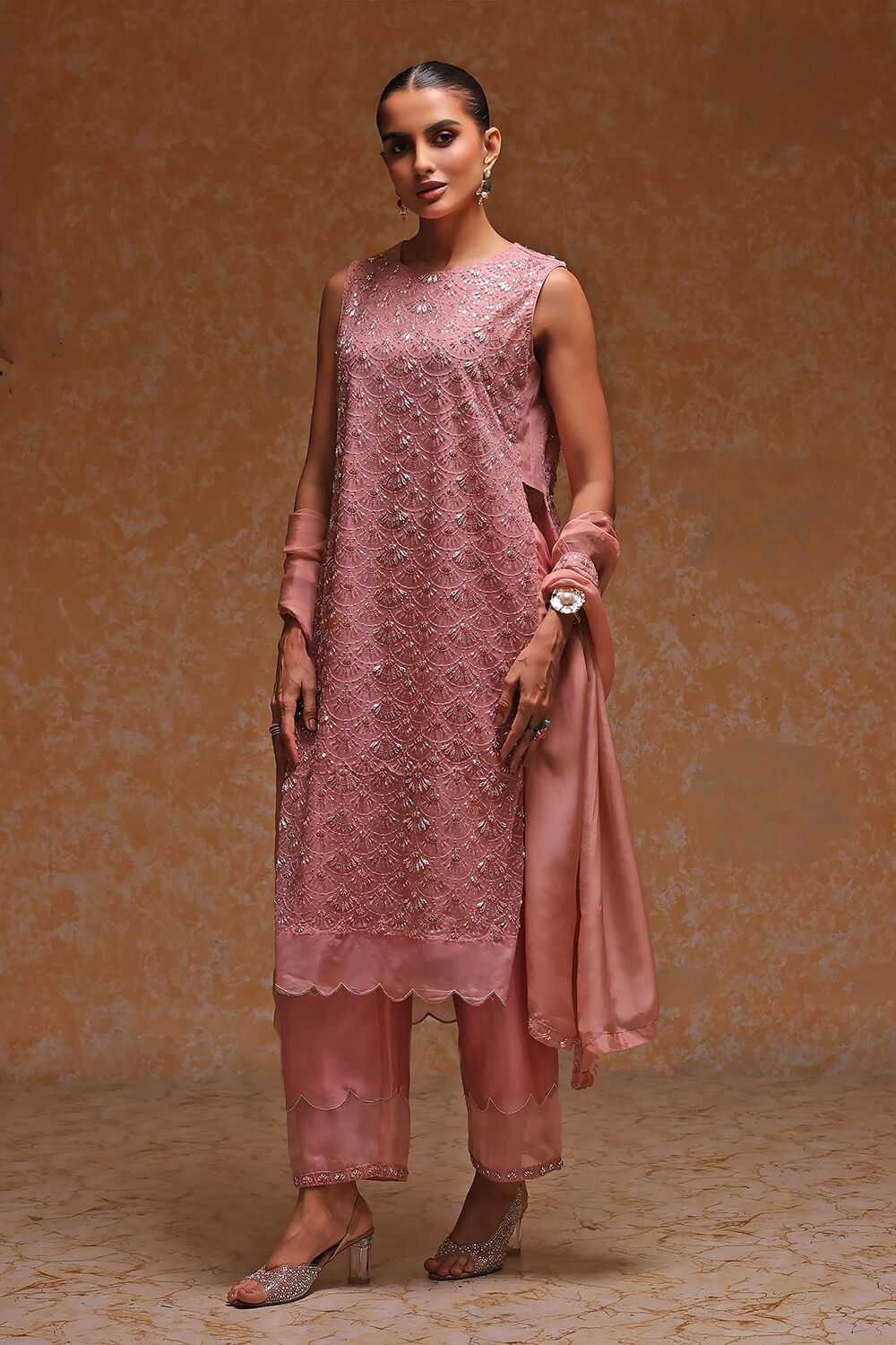 Rose Peach-Toned Poly Net Beaded Embroidered Straight Suit Set image number 3