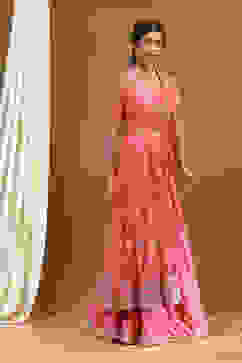 Coral-Pink Polyester Blend Anarkali Lehenga Set image number 6