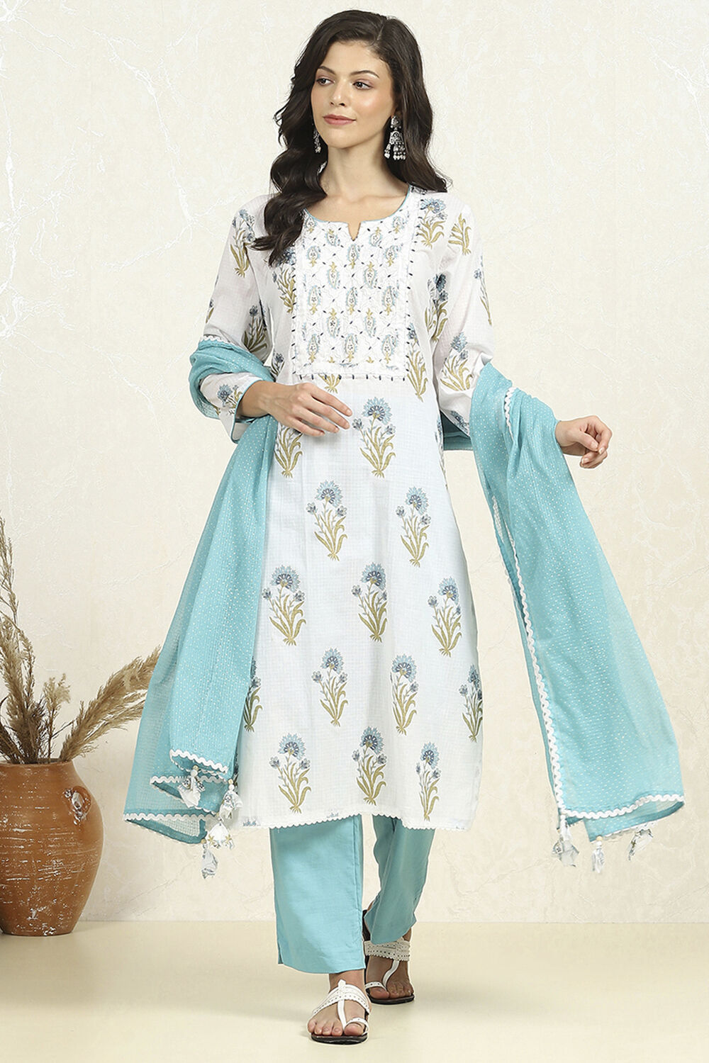 Blue and White Printed Cotton Unstitched Suit Set image number 1