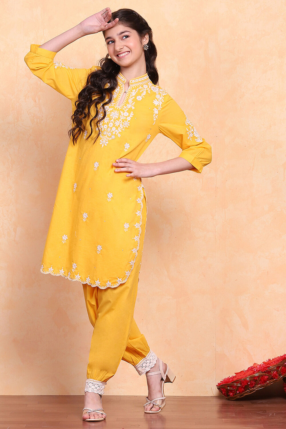 Yellow Cotton Embroidered Straight Kurta Set image number 0