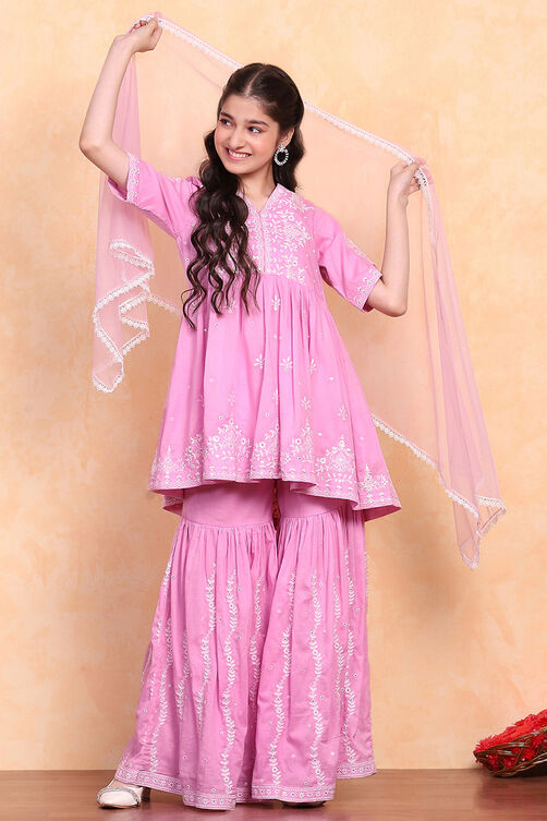 Pink Cotton Embroidered Peplum Suit Set image number 0