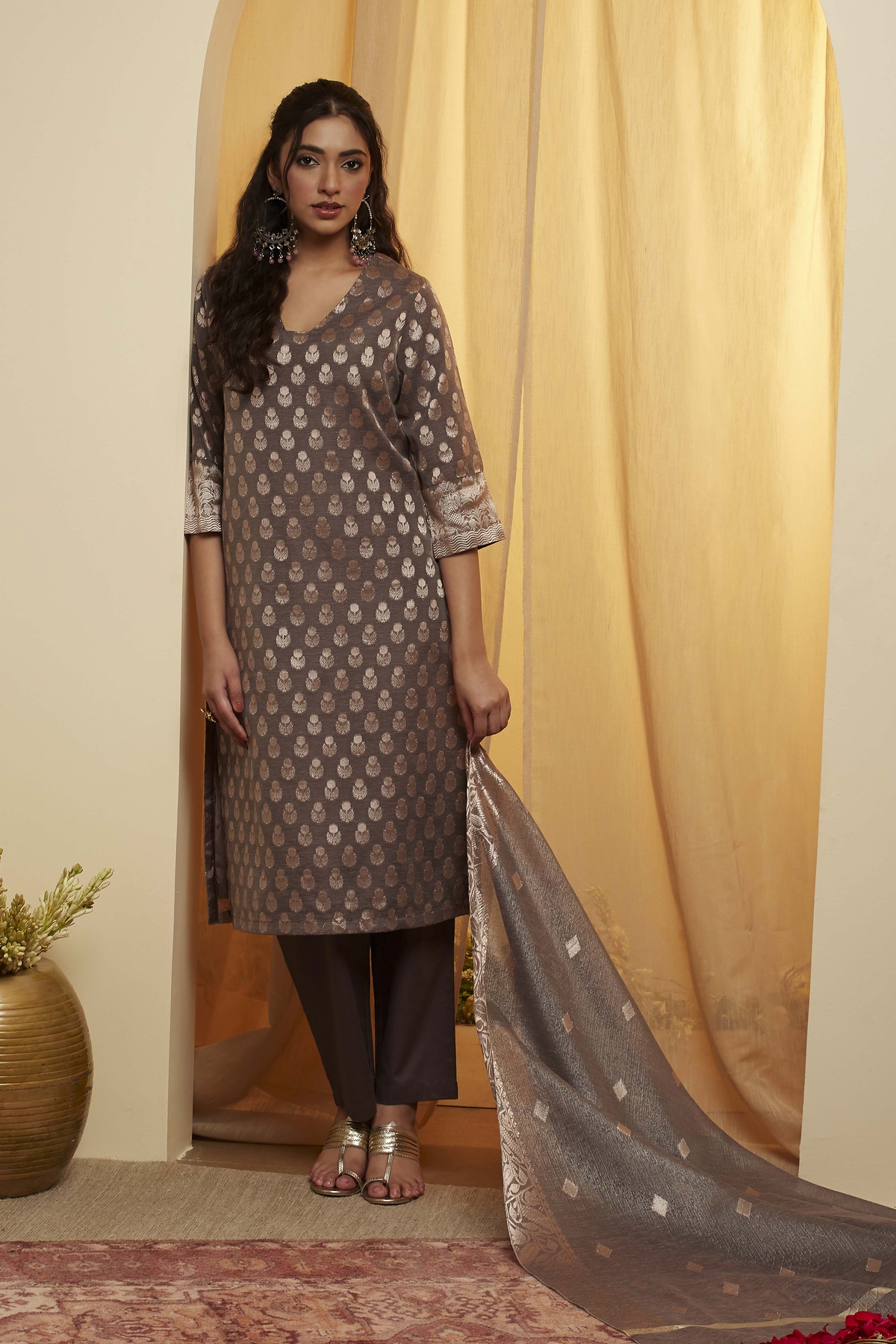 Grey Polyester Straight Suit Set