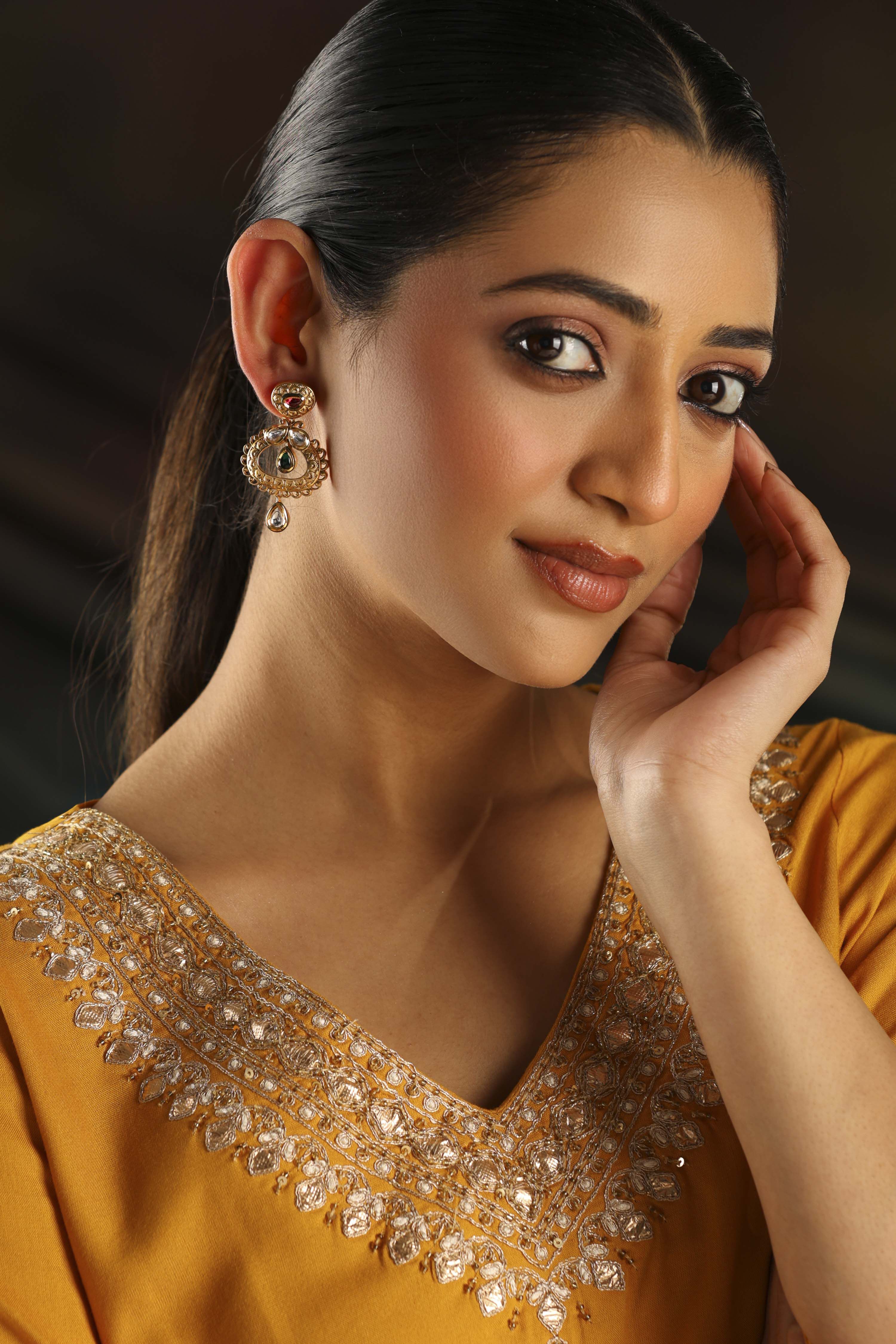 Red Brass Gold Plated Stone Studded Drop Earrings image number 3