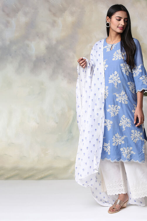 Blue Cotton Straight Kurta Palazzo Suit Set image number 10