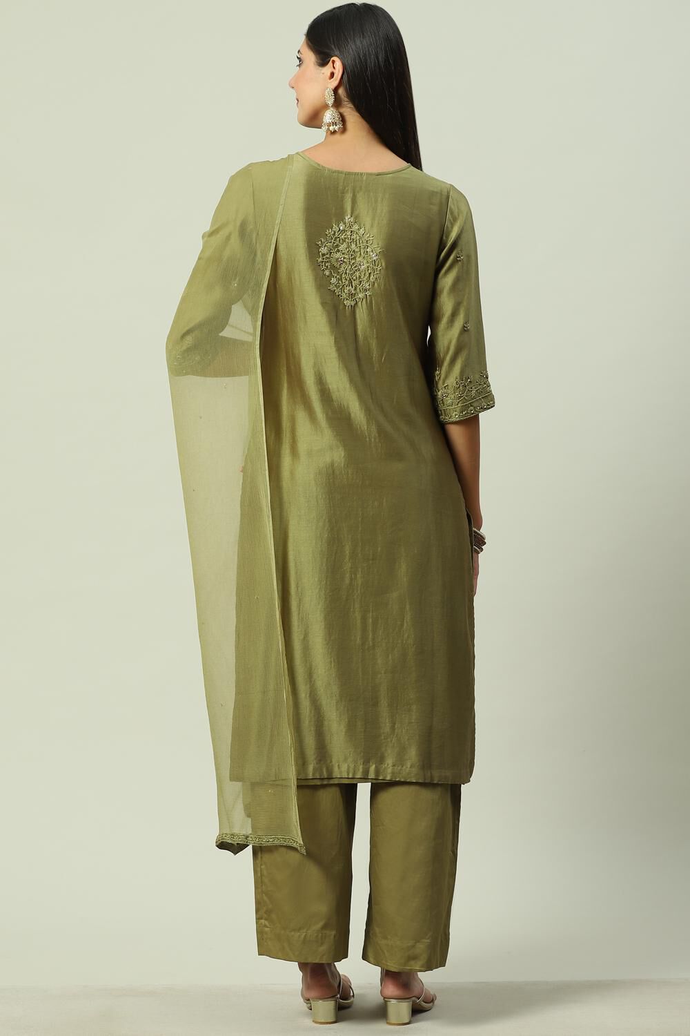 Mehandi Viscose Blend Straight Suit set image number 4