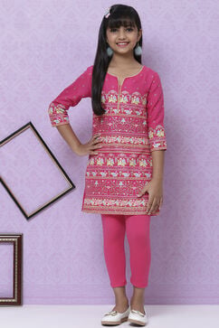 Pink Art Silk Printed Tunic And Leggings Set image number 6