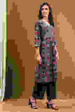 Black Cotton Printed Kalidar Kurta Set image number 5