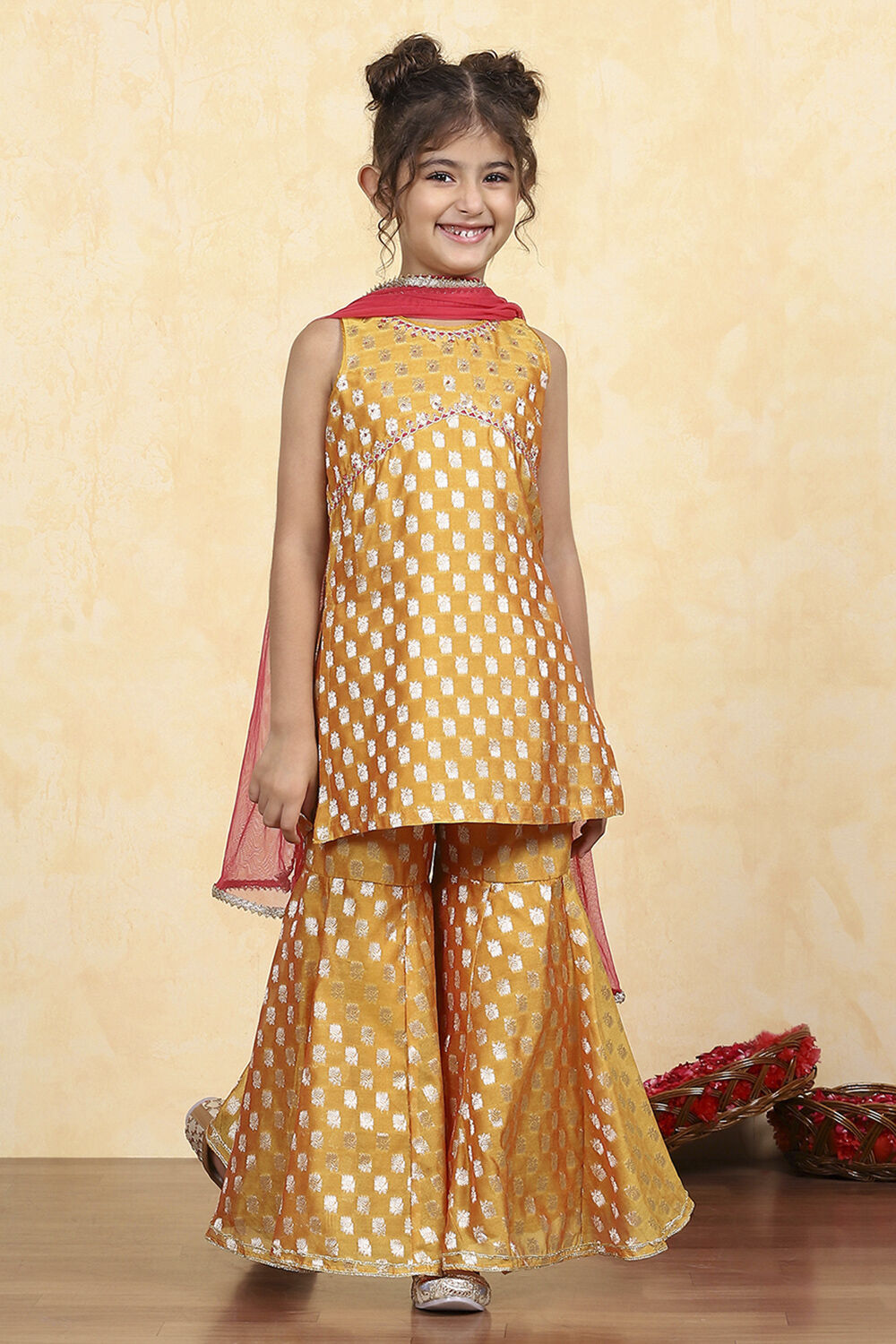 Yellow Brocade Yarndyed Fitted Sharara Suit Set image number 7