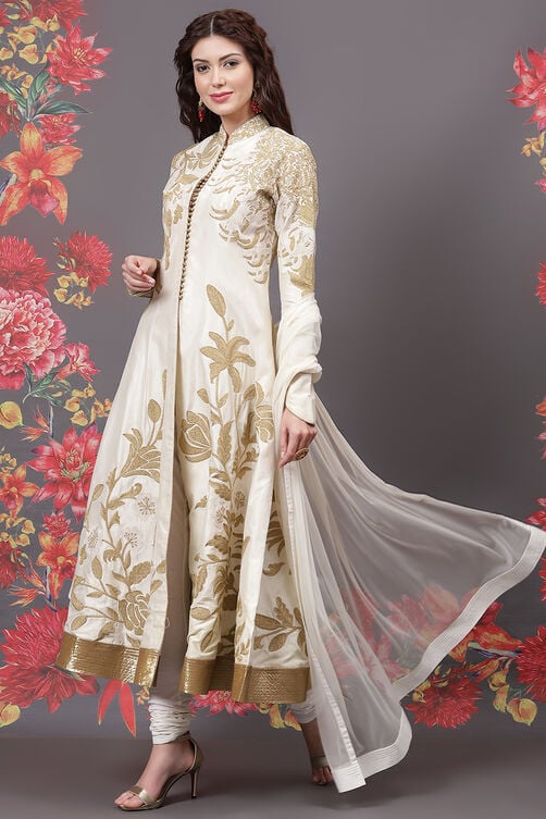 Rohit Bal Off White Cotton Silk Anarkali Yarndyed Suit Set image number 5