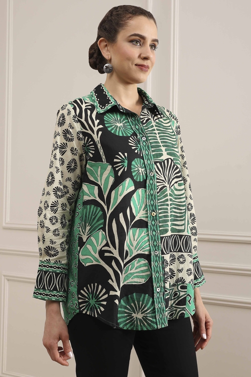 Black Cotton Printed Straight Shirt image number 4