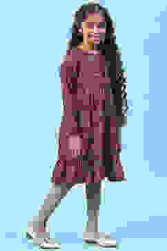 Green & Maroon Silk Tiered Dress image number 3