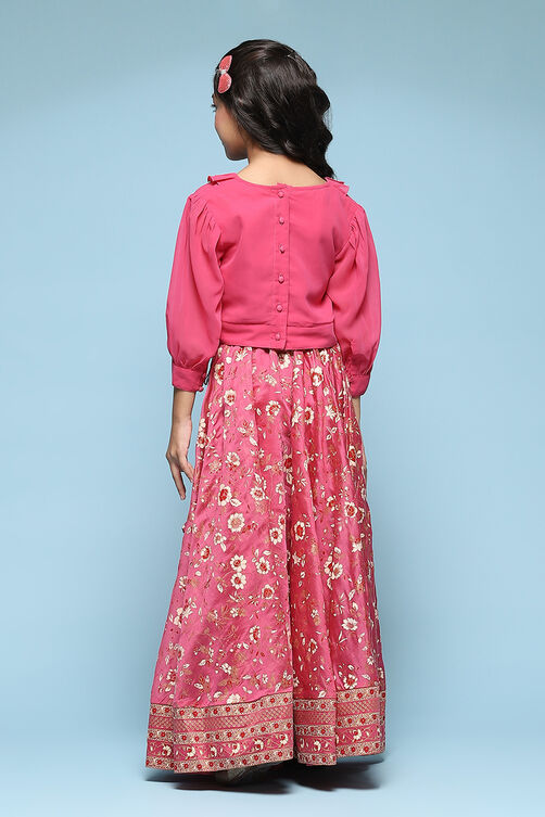 Pink Polyester Flared Printed Lehenga Set image number 4