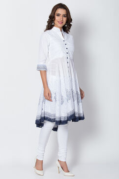 White And Blue Cotton Asymmetric Kurta Churidar Suit Set image number 4
