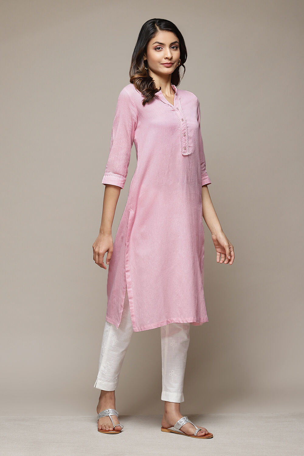 Blue Cotton Blend Straight Yarndyed Kurta image number 4
