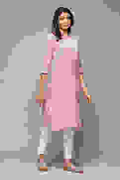 Pink Cotton Blend Straight Yarndyed Kurta image number 4