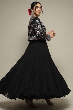 Black Polyester Gathered Embroidered Kurta Suit Set image number 0