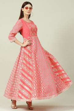 Pink Art Silk Flared Fusion Dress image number 6