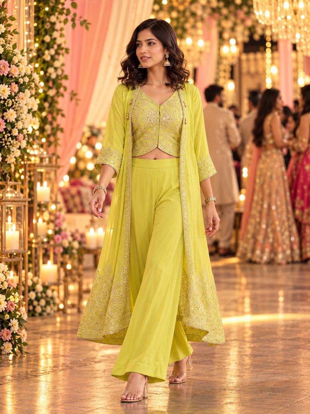 Yellow Poly Georgette Embroidered Fusion Set image number 0