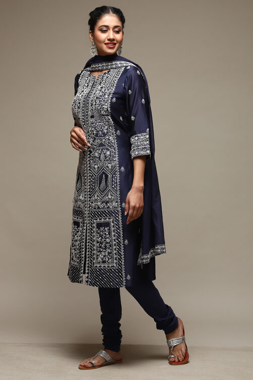 Navy Blue Cotton Blend Straight Kurta Churidar Suit Set image number 5