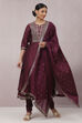 Wine Cotton Silk Flared Kurta Churidar Suit Set