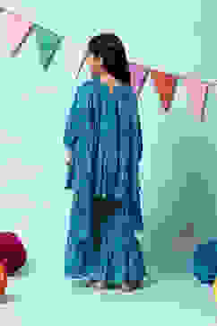 Teal Blue Cotton Flared Kurta Garara Suit Set image number 4