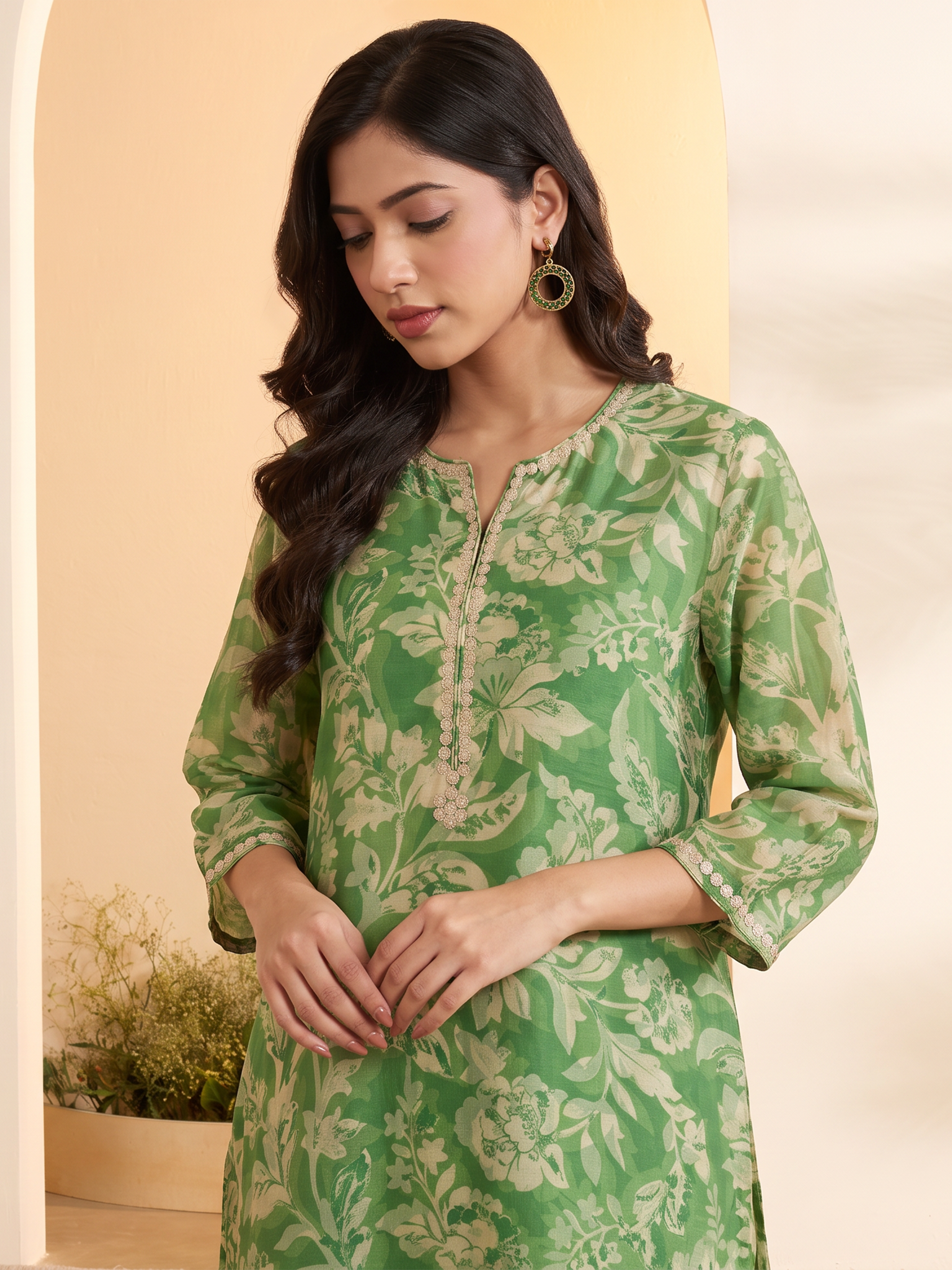 Green Viscose Blend Floral Printed Straight Kurta Set image number 1