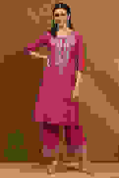 Fuchsia Embroidered Kalidar Suit Set image number 8