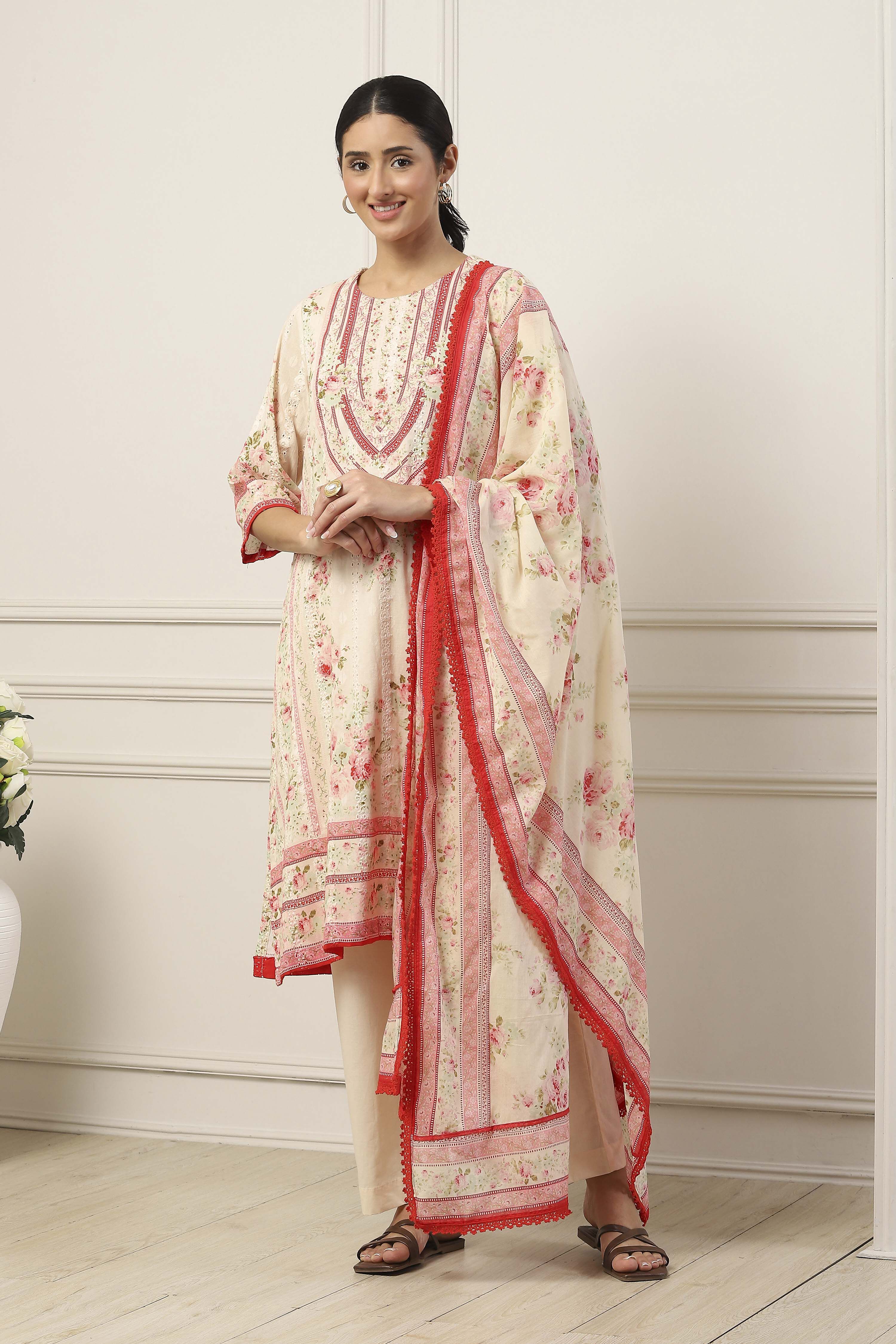 White Cotton Floral Printed A-Line Suit Set image number 6