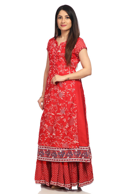 Red Poly Cotton A-Line Printed Kurta image number 3