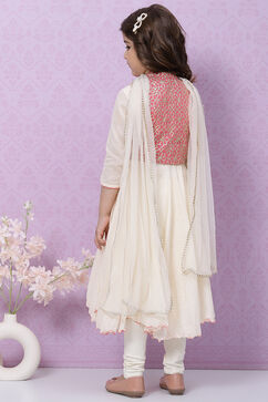 Off White Cotton Anarkali Kurta Churidar Suit Set image number 4