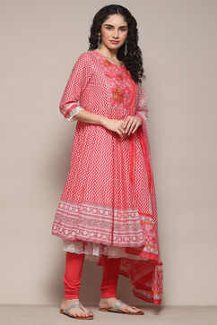 White Pink Cotton Anarkali Printed Kurta Churidar Suit Set image number 6