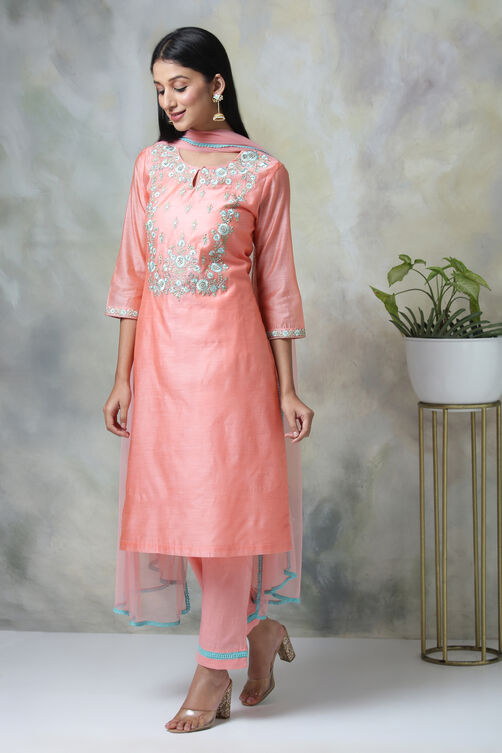 Peach Art Silk A-Line Kurta Regular Pant Suit Set image number 0