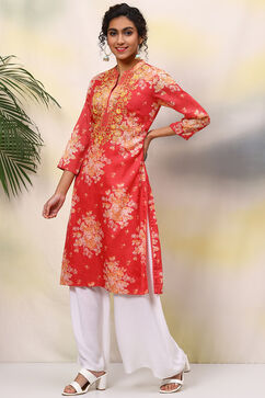 Red Poly Cotton Straight Printed Kurta image number 2