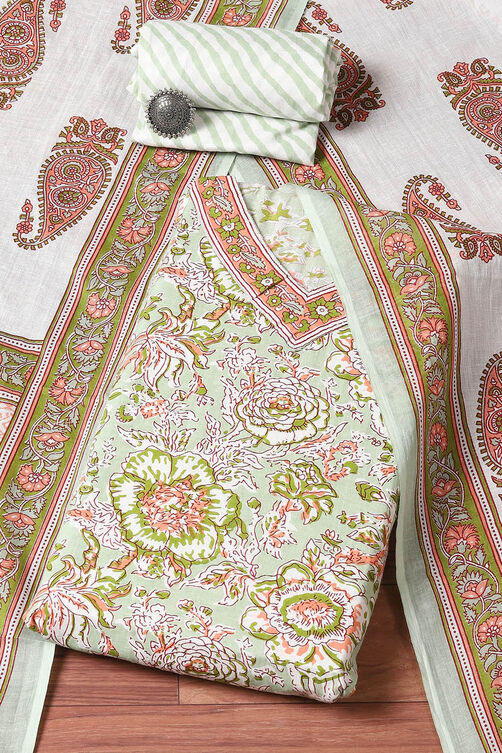 Dull Green Cotton Panelled Unstitched Suit Set image number 0