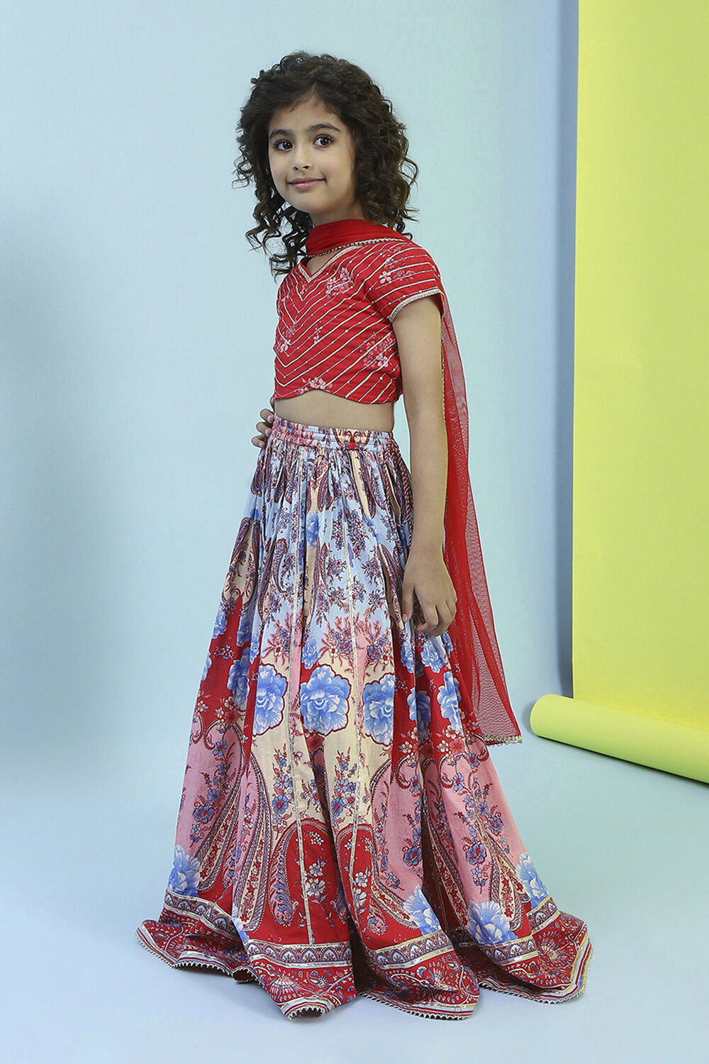 Red Cotton Printed Flared Lehenga Set image number 3