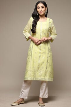 Lime Green Cotton Blend Straight Printed Kurta image number 4