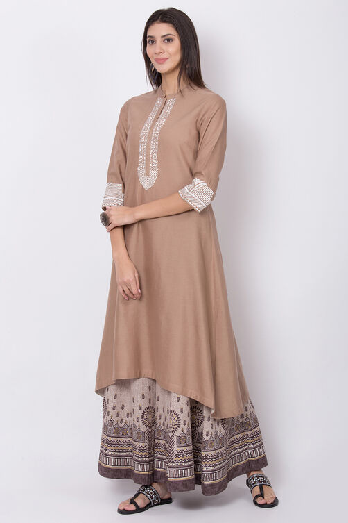 Beige Cotton Flax A-Line Kurta image number 2