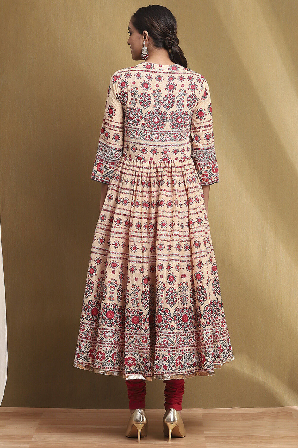 Beige and Red Cotton Anarkali Suit Set image number 4