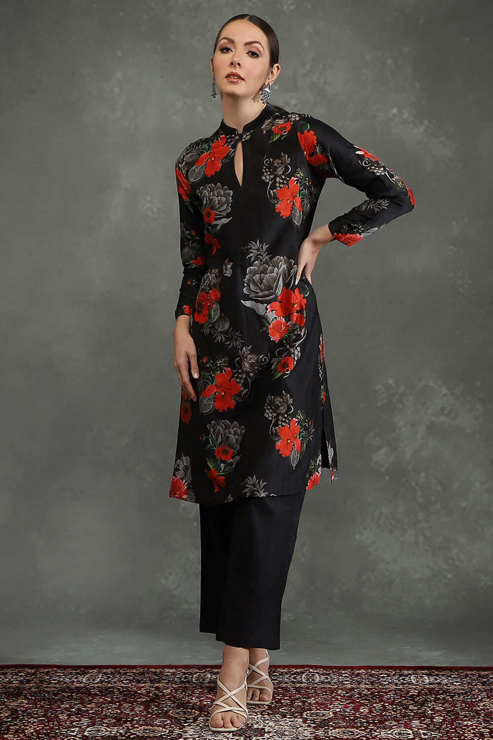 Rohit Bal Black Silk Chanderi Floral Printed Straight Kurta Set image number 0
