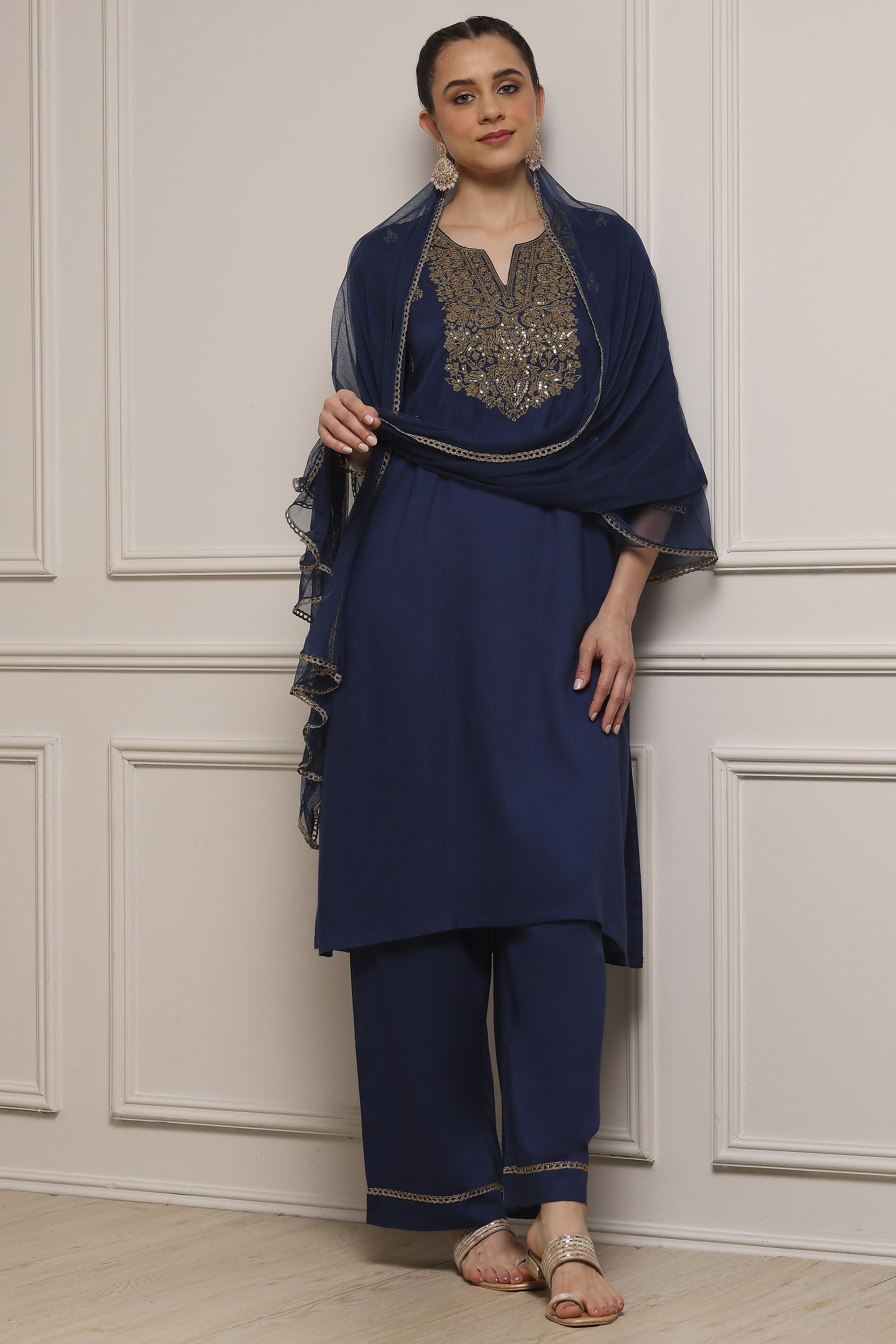 Blue Viscose Rayon Straight Solid Suit Set image number 6