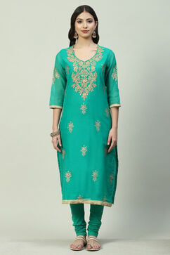 Turquoise Art Silk Straight Kurta Churidar Suit Set image number 7