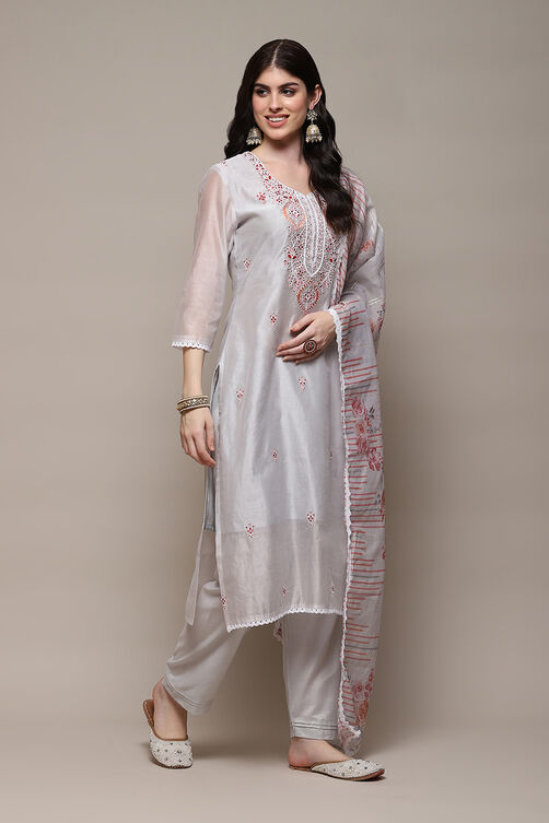 Grey Chanderi Blend Machine Embroidered Unstitched Suit Set image number 7