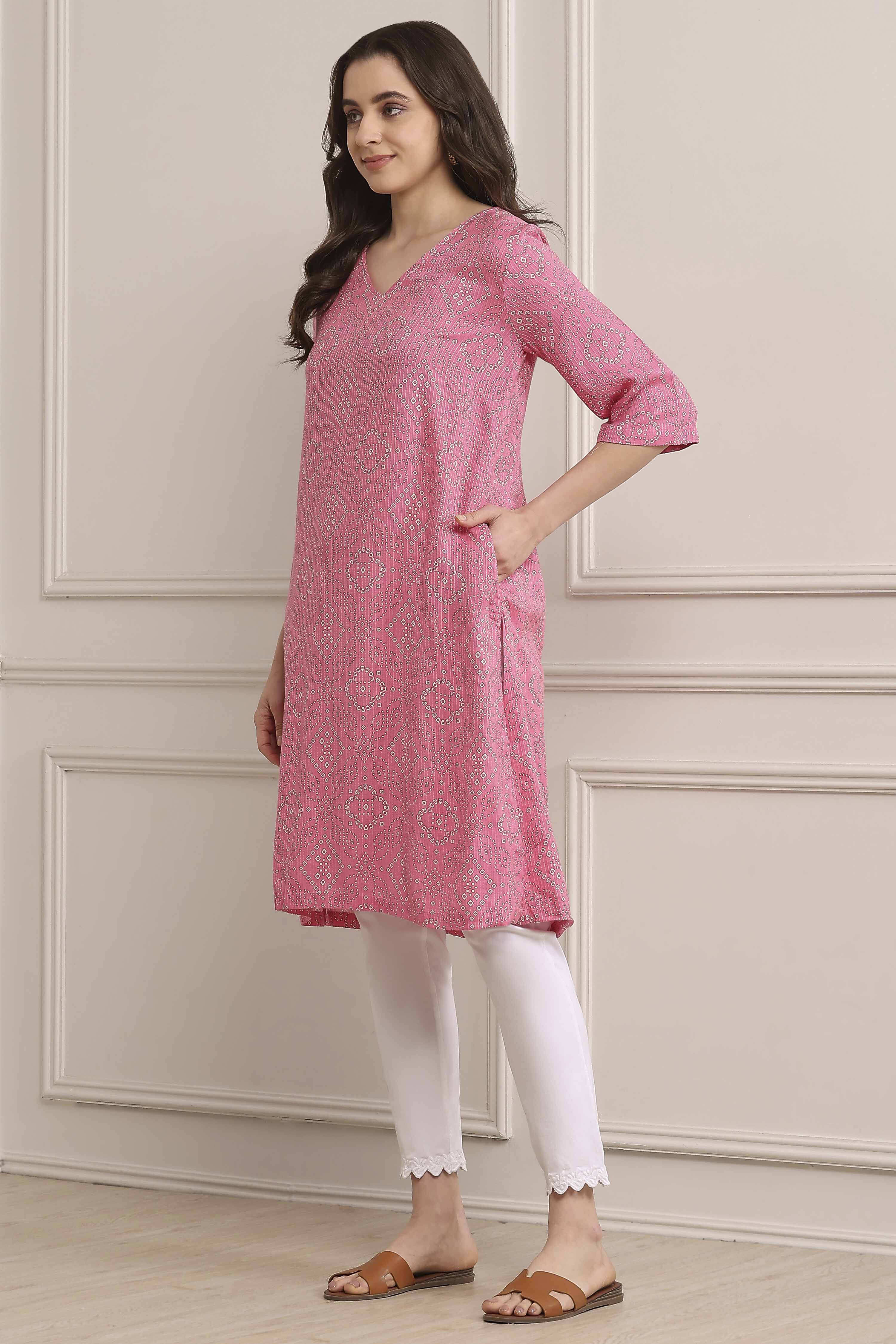 Pink Viscose Straight Printed Kurta image number 2