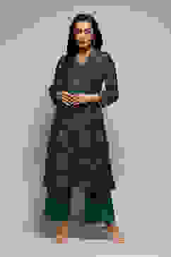 Green Polyester A-Line Printed Kurta Palazzo Suit Set image number 6